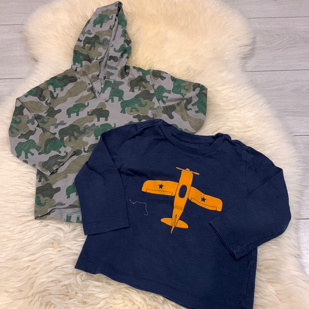 Little Me Long Sleeve T-Shirts in Army Elephant & Navy Airplane Design size 24M
